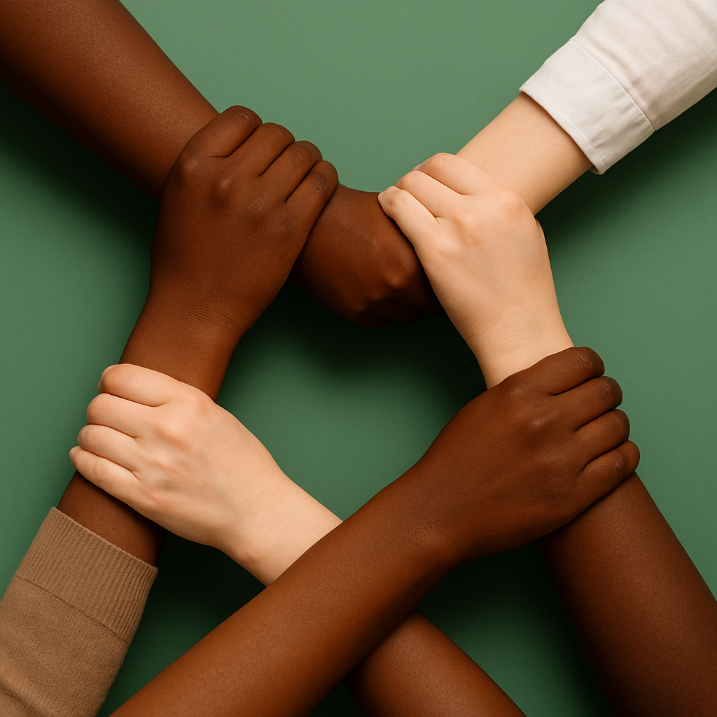 Diverse hands connecting over a green background, symbolizing community and shared purpose for brands.